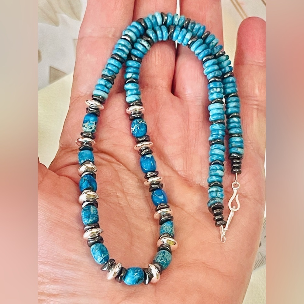 Southwest Turquoise Shockers Necklace Hematite Beads Sterling Clasp